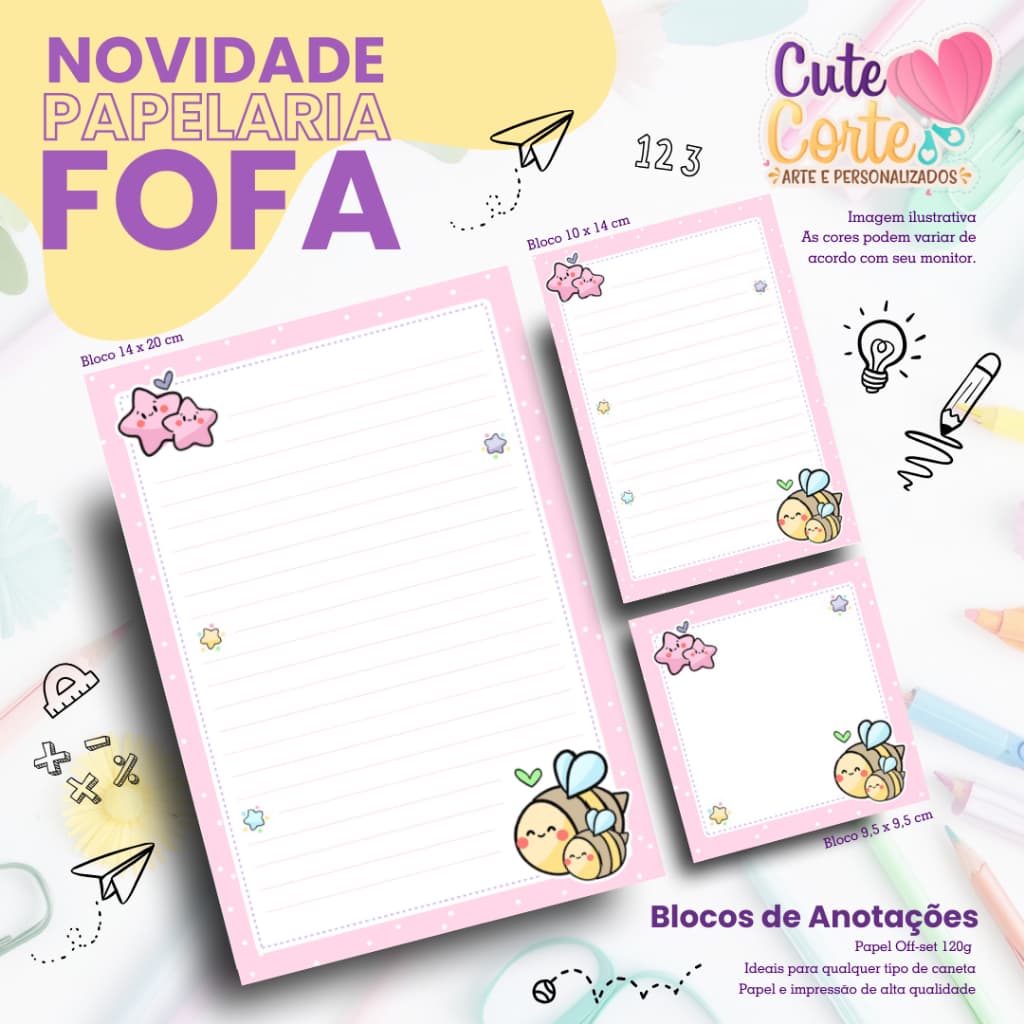 TRIO BLOCO DE ANOTAÇÕES - ABELHINHA CUTE - FOLHAS BLOCADAS NÃO ADESIVAS - 120 GRAMAS ALTA QUALIDADE