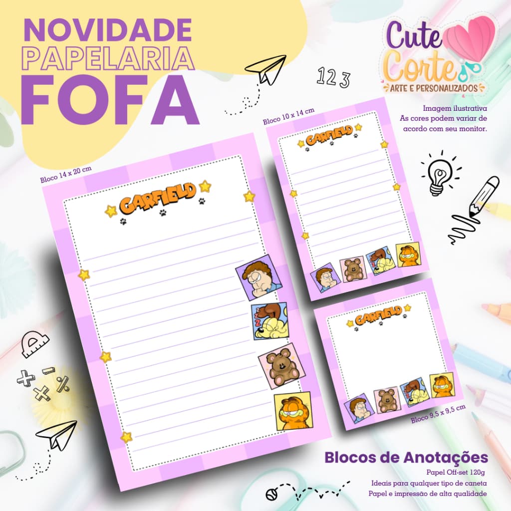 TRIO BLOCO DE ANOTAÇÕES - GARFIELD - FOLHAS BLOCADAS NÃO ADESIVAS - 120 GRAMAS ALTA QUALIDADE