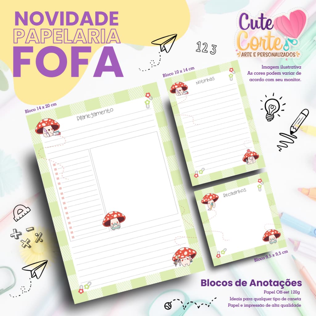 TRIO BLOCO DE ANOTAÇÕES - COGUMELO VOLTA AS AULAS - FOLHAS BLOCADAS NÃO ADESIVAS - 120 GRAMAS ALTA QUALIDADE