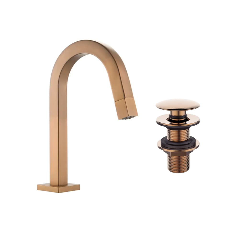 Kit Torneira Banheiro Lavabo Quadrada bica média baixa + Válvula click 7/8 Rose-Gold Metal PMX