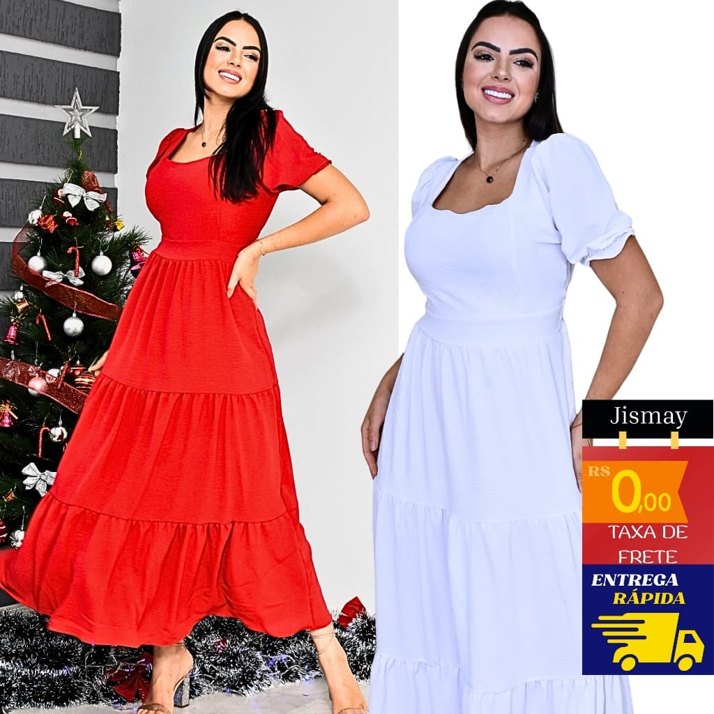Vestido Feminino Longo   Com Bojo e Elastex atrás na cintura Liso Gola Quadrada