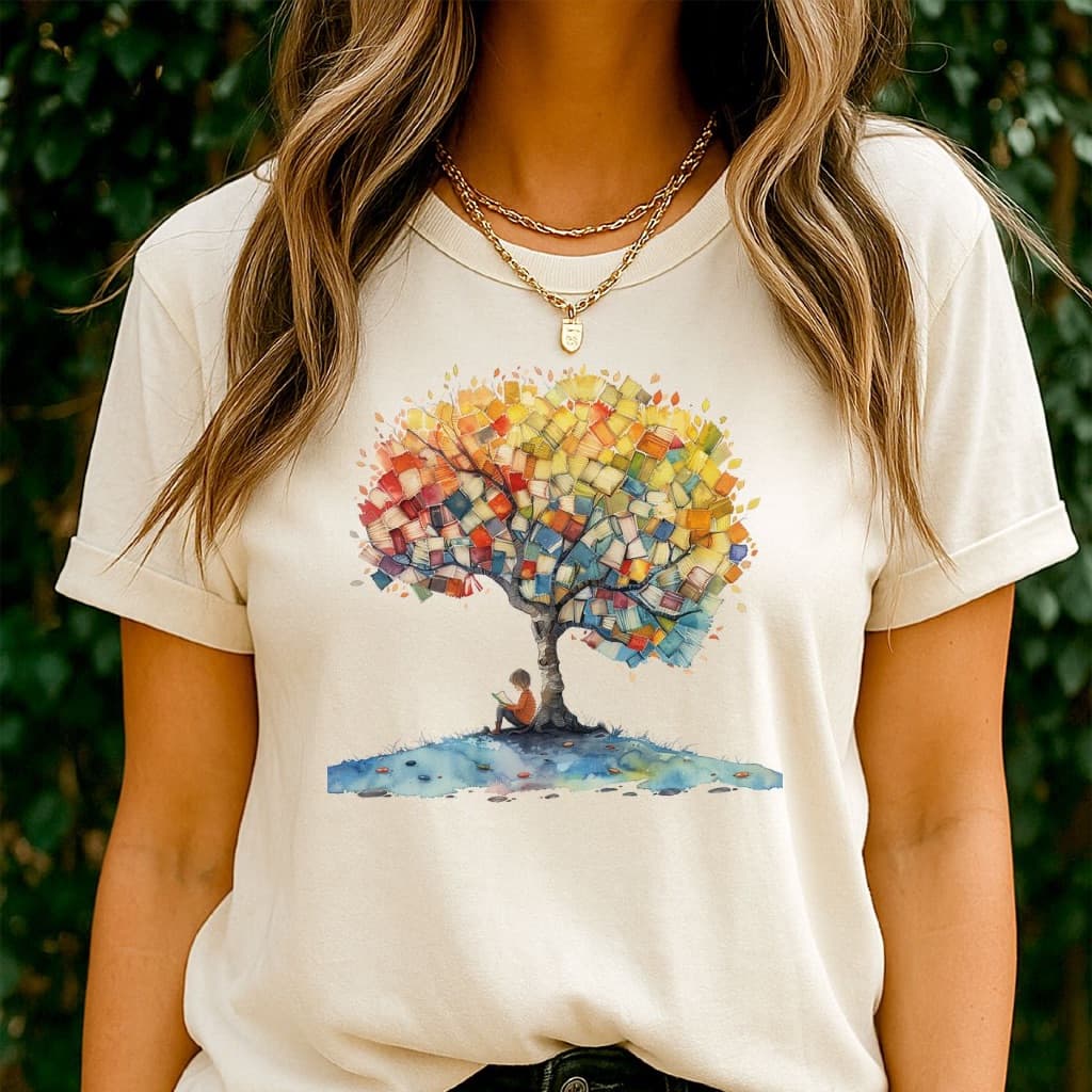 Camiseta Feminina TShirt Feminina Estampa Árvore de Livros Camiseta de Leitura 100 Algodão 30.1 Estampa Exclusiva