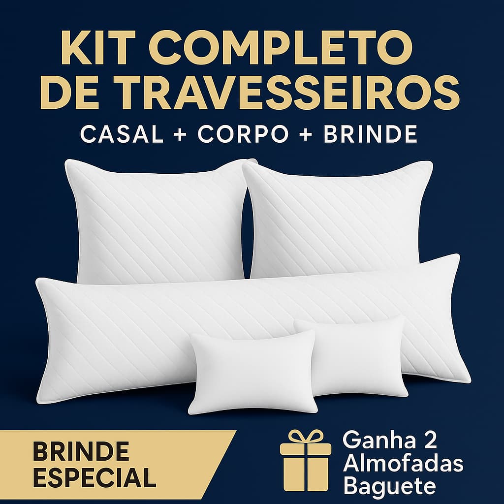 Kit 2 Travesseiros 50x70 + 2 porta 400 fios + 1 travesseiro de corpo + 1 porta 400fios +2 almofada baguete 50x30