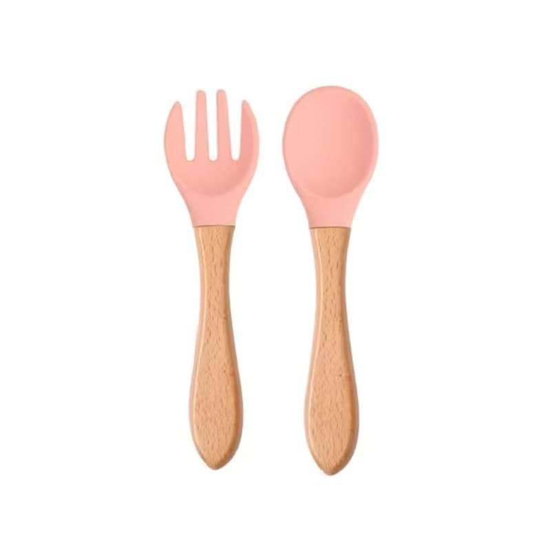 Kit Colher e Garfo de Silicone Talher com Cabo de Madeira infantil Introdução Alimentar Refeição para Bebê