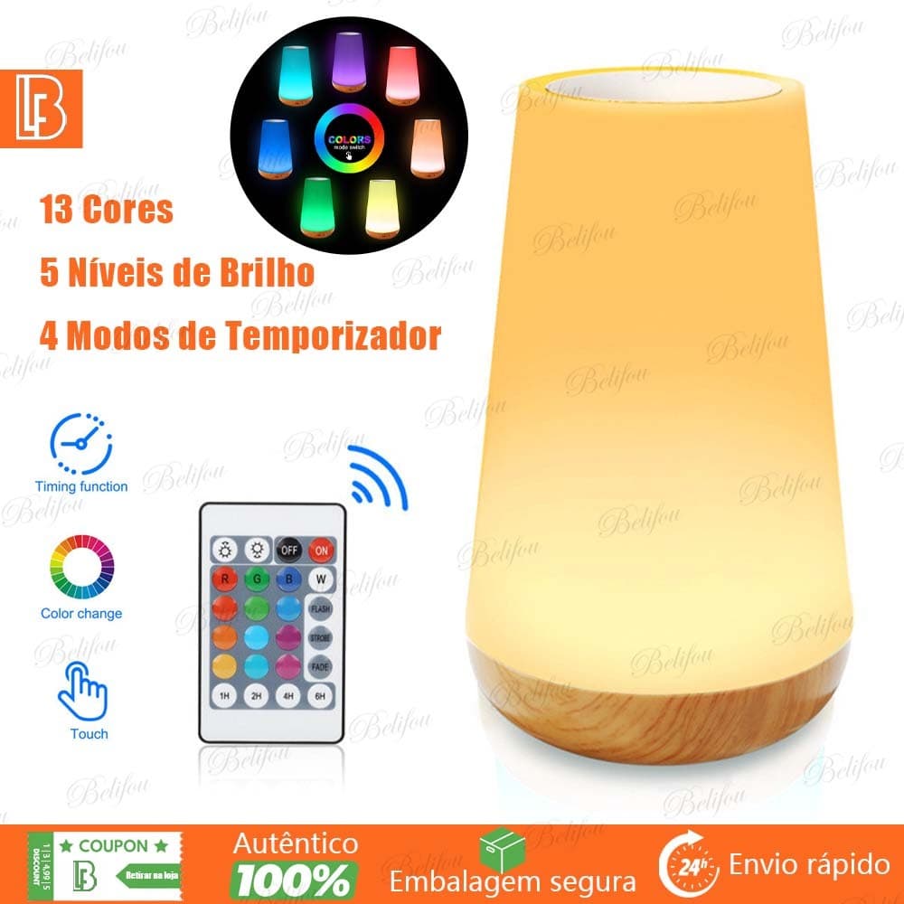 Luz Noturna de Controle Remoto Com Toque De Recarregável 13 Cores Cronometrado Luminária