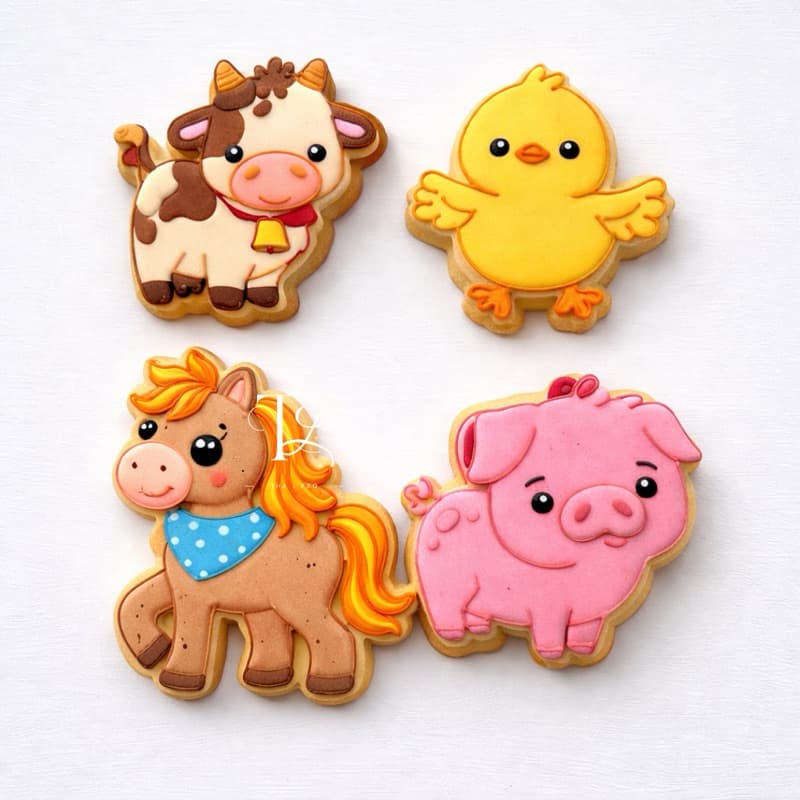 Kit Cortador e Marcador de Biscoitos de Fazendinha 8cm, Artigo de confeitaria 4 peças Cavalo, Vaca, Pintinho e Porco