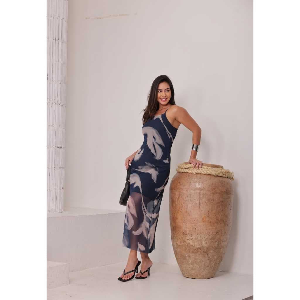Vestido Longo Feminino de Tule Forrado Estampado Alça Fina Moda Elegante
