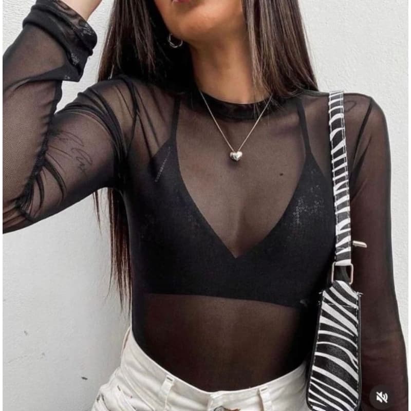 Body de Tule Manga Longa Transparente Sem Sutiã