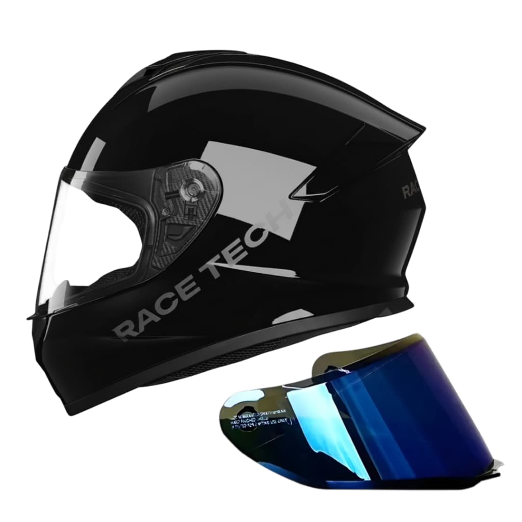 CAPACETE RACE TECH OFERTA EXCLUSIVO HIT MONOCOLOR PRETO BRILHO + VISEIRA AZUL+VISEIRA CRISTAL + SUPER BRINDE