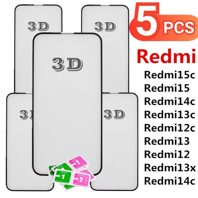 Kit 5Pcs Película De Vidro Temperado 3D Para Xiaomi Redmi 15c 15 14c 13c 12c 13 12 13x redmi14c redmi13x 4G 5G