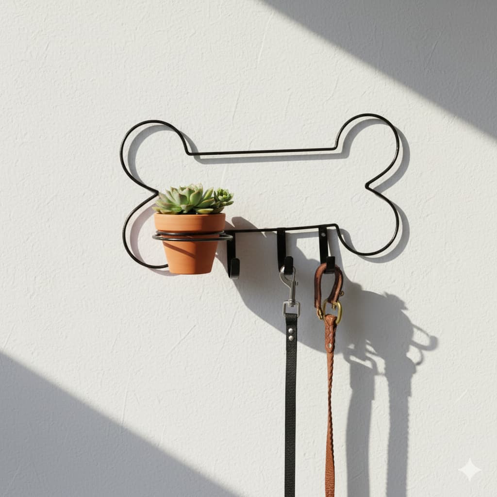 Suporte p Vaso e Coleira Pet Cães Ossinho em Ferro de Parede Decoração Jardim Plantas Flores
