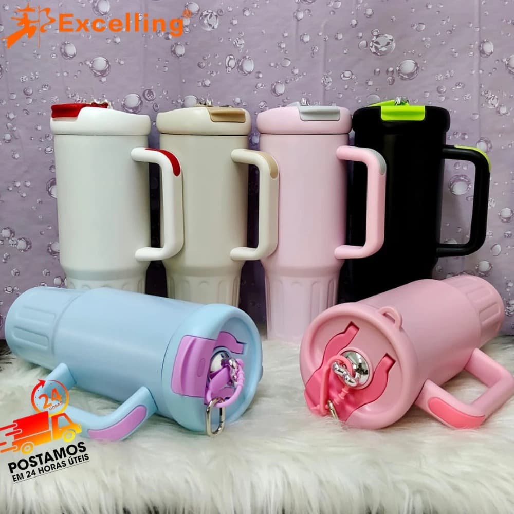 Copo Térmico Gigante 1,2L Inox 304 com Alça e Canudo Inox - Parede Dupla a Vácuo ZQL-027