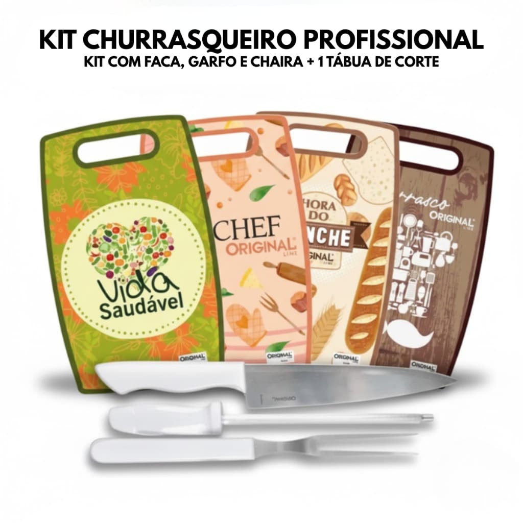 Kit Churrasqueiro Profissional Inox – Faca, Garfo e Chaira + Tábua de Corte 20x30cm