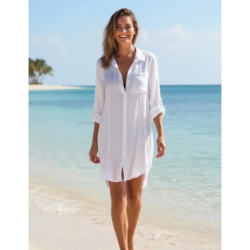 Saída De Praia Camisa Chemise Feminina Manga Longa Camisão