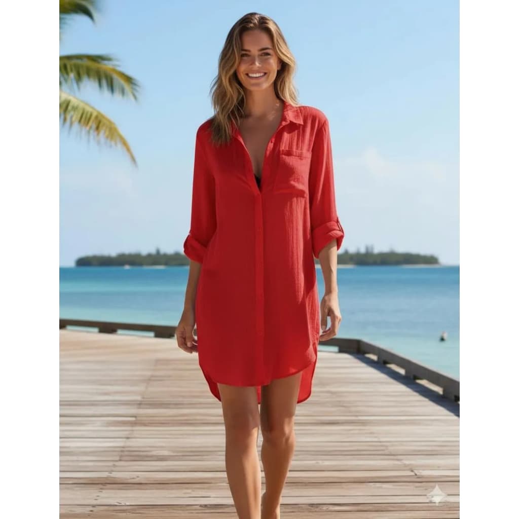 Saída De Praia Manga Longa Camisão Vestido Chemise Feminino Moda Verão