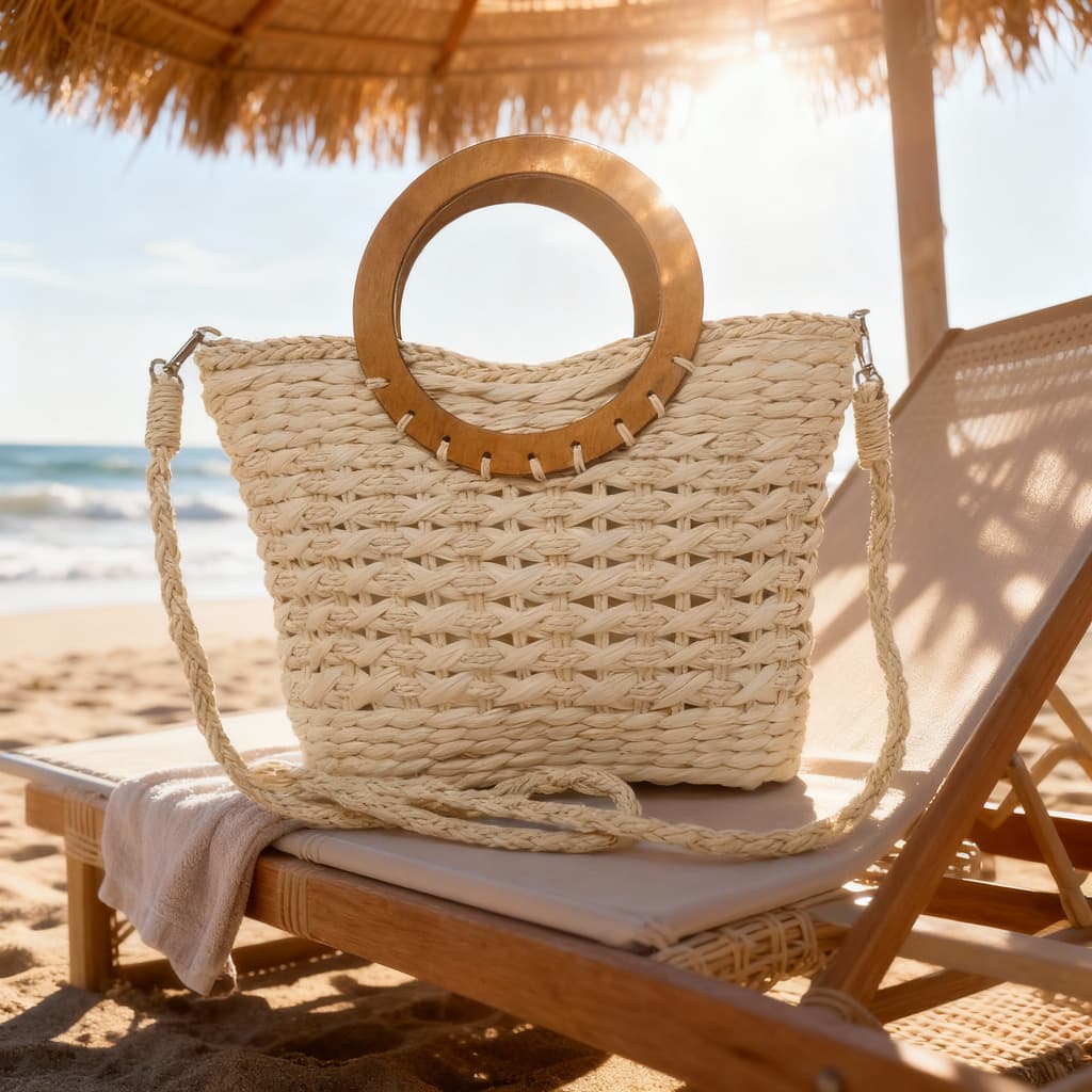 Bolsa de Praia Feminina em Palha Natural com Alça de Madeira – Leve, Charmosa e Estilo Verão ref.11819