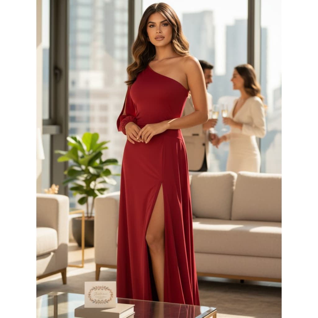 Vestido Longo Madrinha Casamento Manga Única Com Fenda Lateral