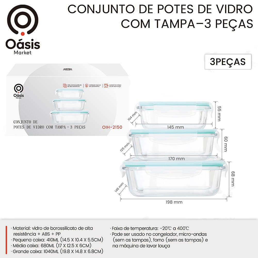 Conjunto 3 Potes De Vidro Com Tampa  Hermético Refratário Luxo