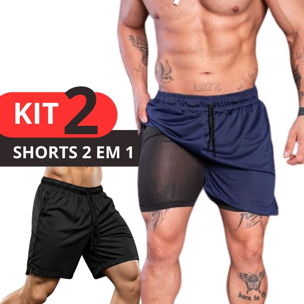 KIT 2 Shorts masculino 2 em 1  Masculino Esportivo Dry Fit Com Bolso Interno Treino Academia