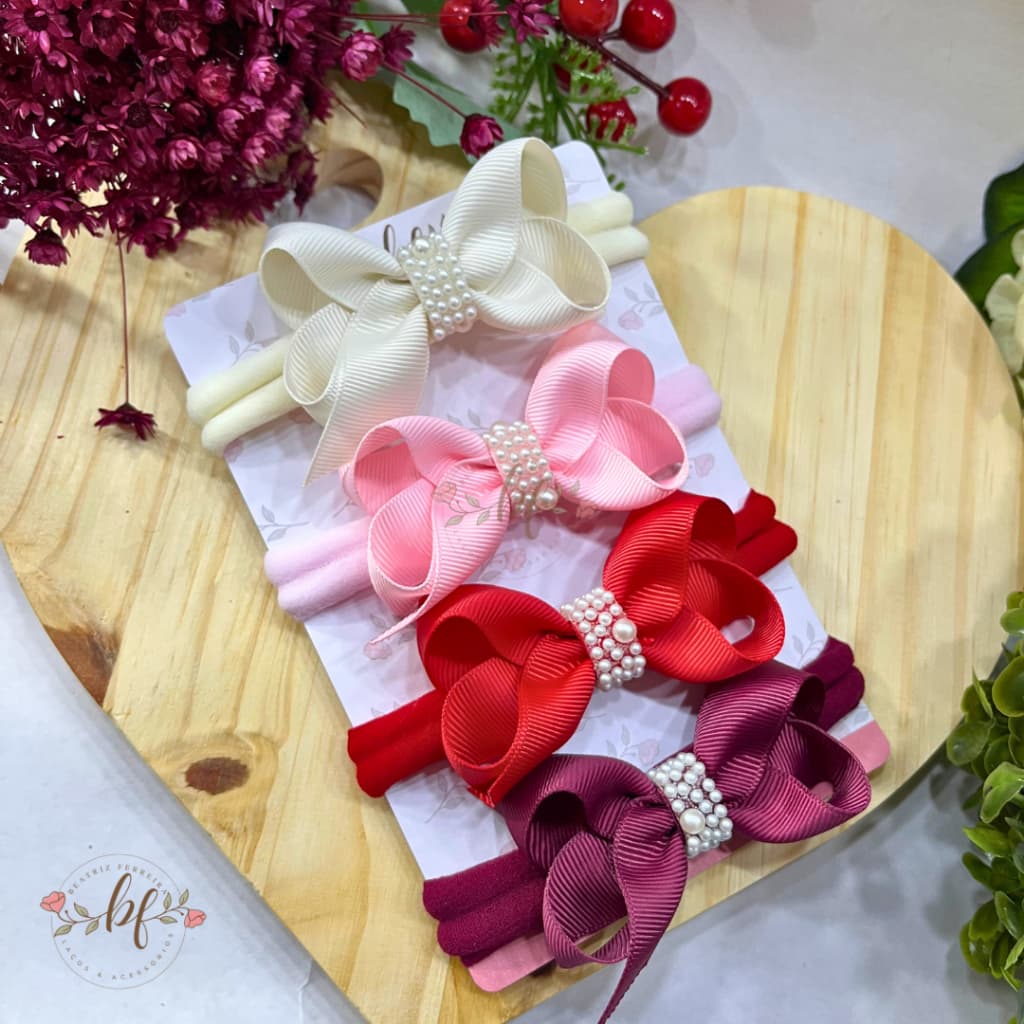 Kit 4 Laços Boutique Com Pontas - Faixinha Slim Recém Nascido Lacinhos de Cabelo RN Infantil Menina Meia de Seda Faixa