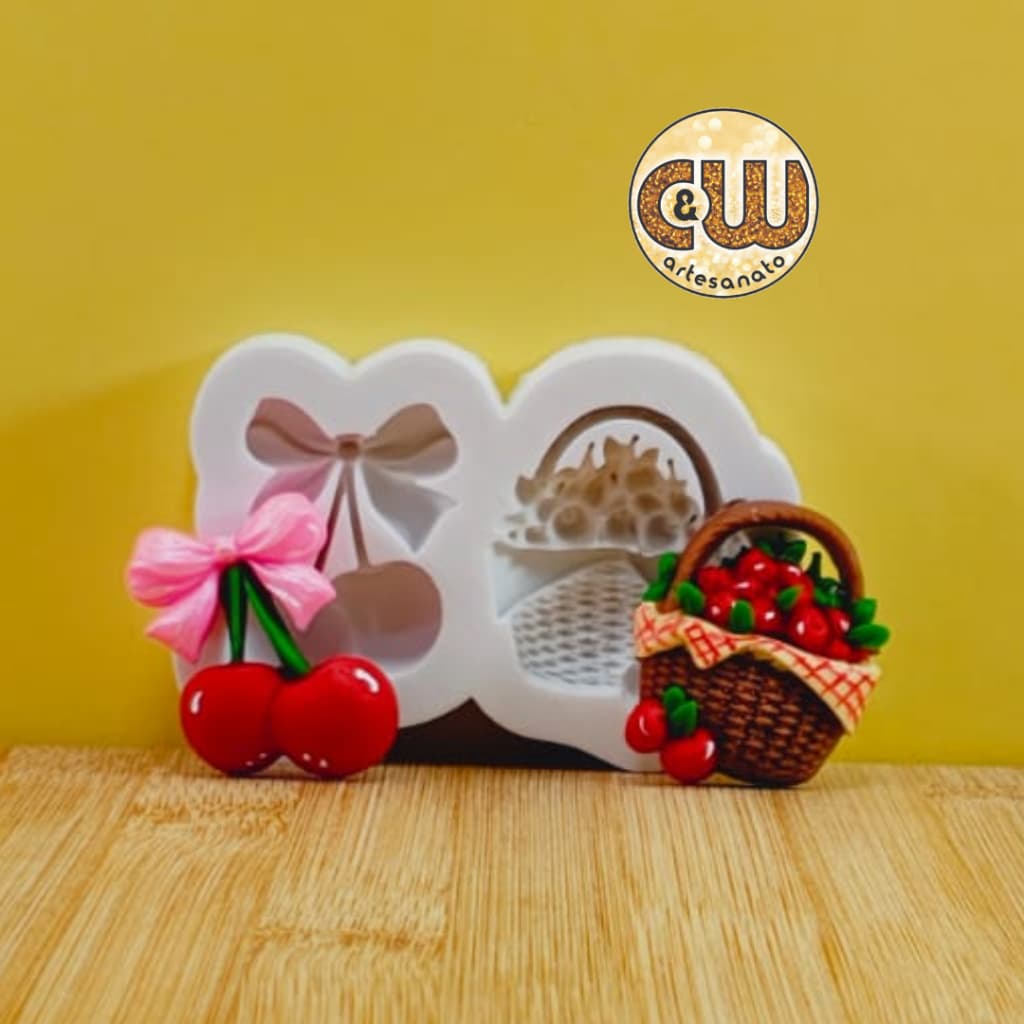 Molde de Silicone Cereja com Laço e Cesta Confeitaria e Artesanato