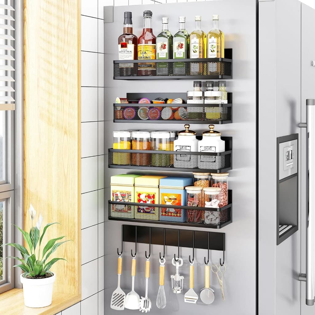 Suporte Porta Temperos Magnético Preto Para Geladeira Cozinha 5 Peças