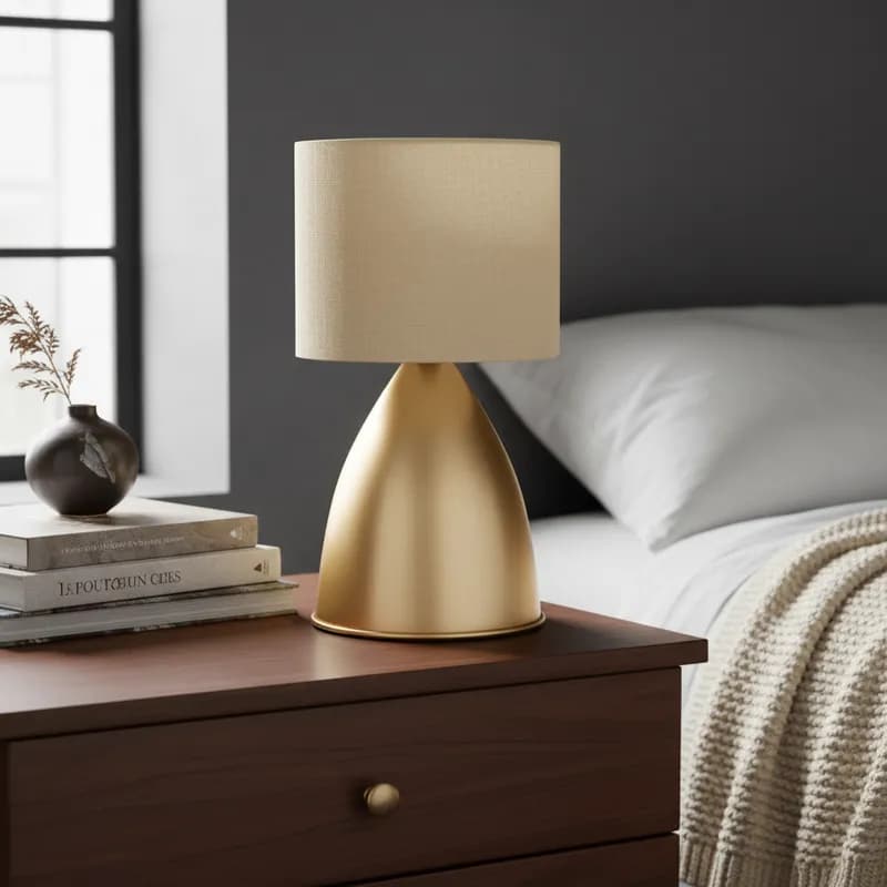 Luminária de Mesa Abajur Bojudo Dourado alumínio Com Cúpula tecido Algodao de sala Cabeceira de cama Quarto