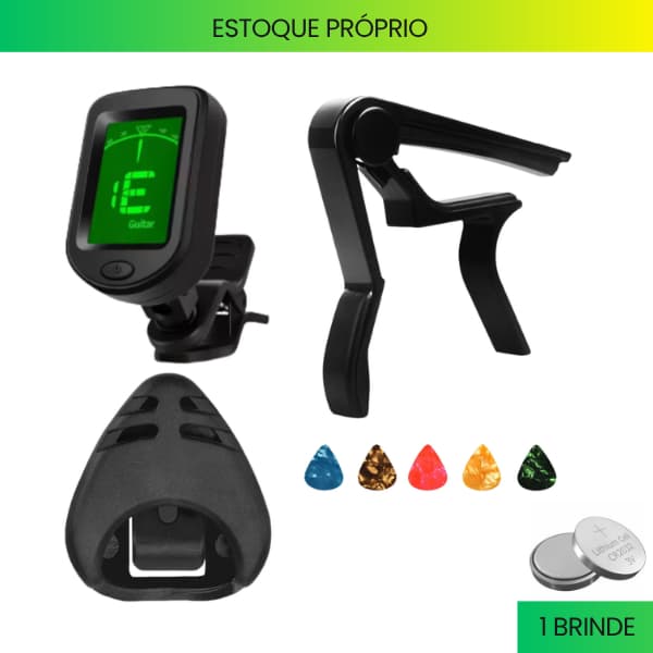 Kit Afinador Digital com Capotraste + 10 Palhetas e Porta-Palhetas