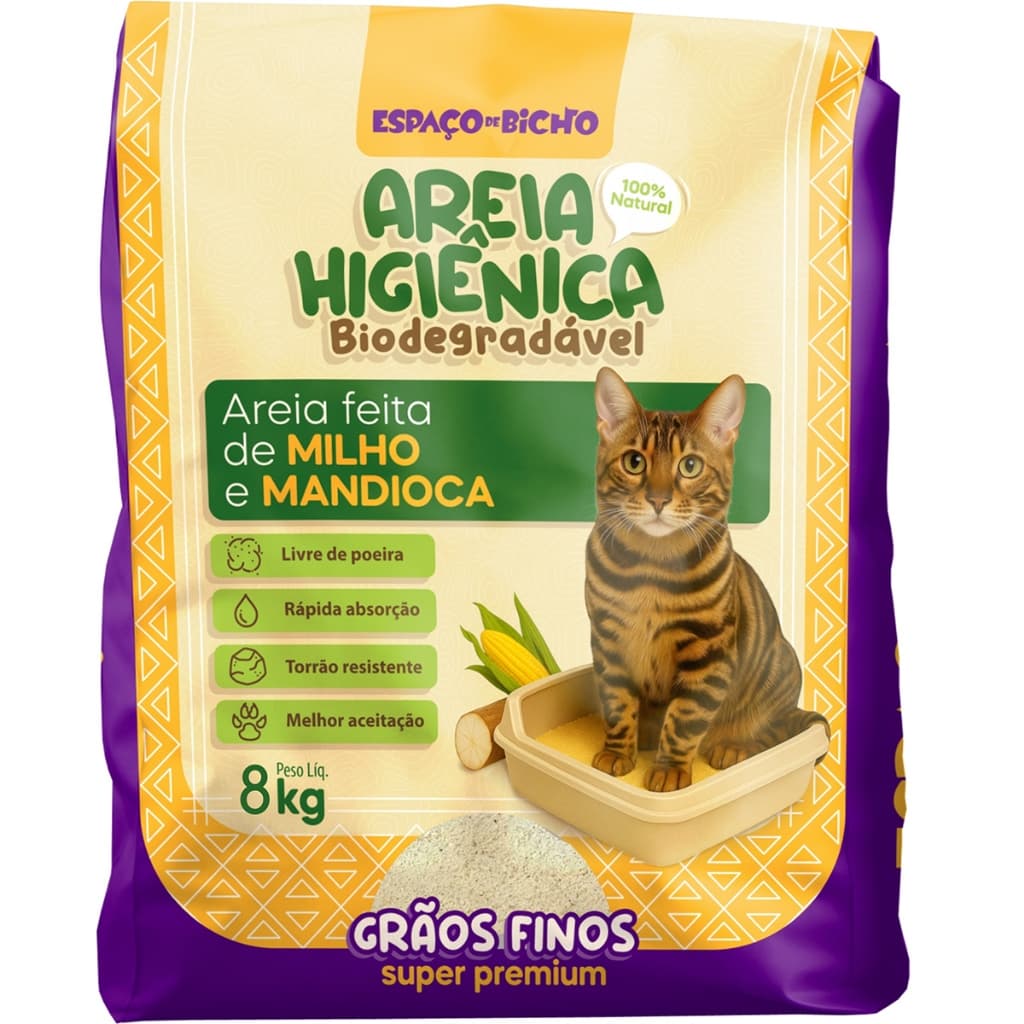 Areia Higiênica Biodegradável Espaço de Bicho Grãos Finos 8kg – Milho e Mandioca (100% Natural)