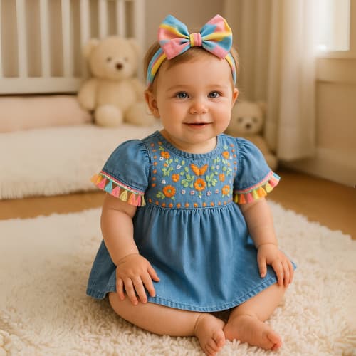 Roupa de bebê - Vestido Jeans Bebê Menina com Bordado Colorido e franja colorida nas Mangas - Brokinha REF 4439