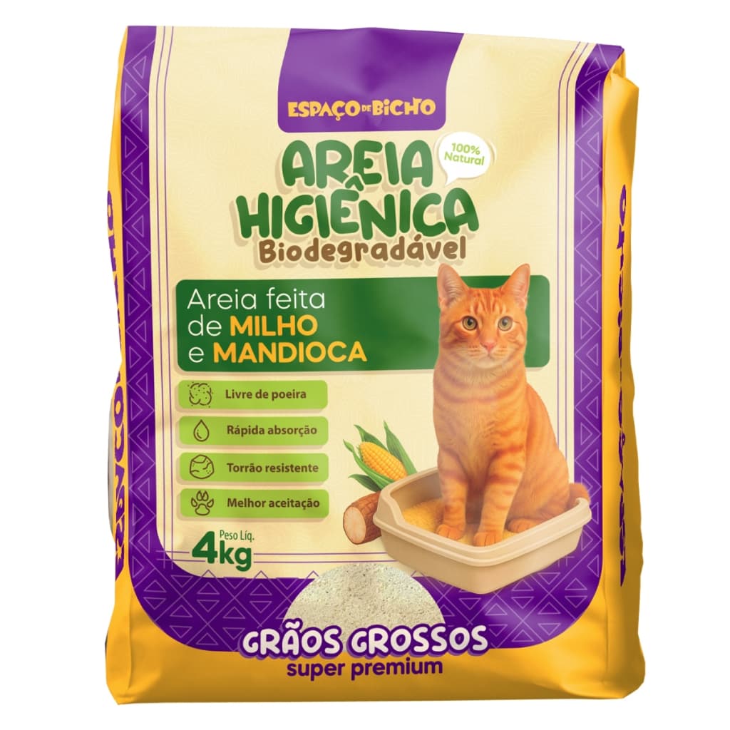 Areia Higiênica Biodegradável Espaço do Bicho Grãos Grossos 4kg – Milho e Mandioca (100% Natural)