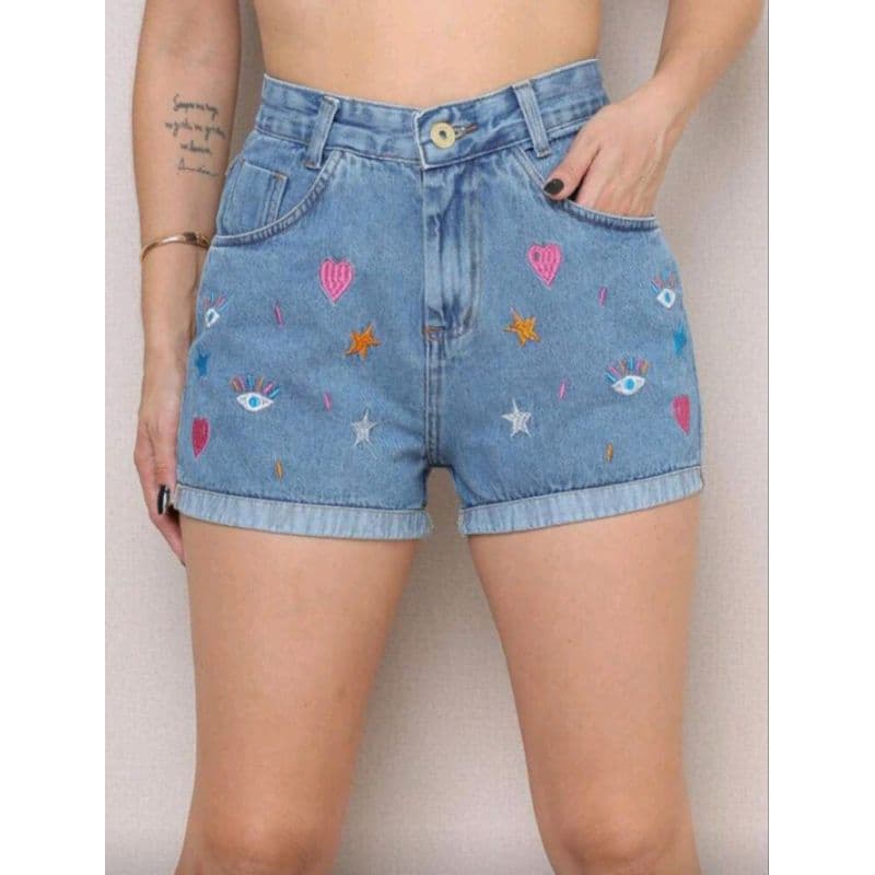 Short Jeans Estampa Bordado Olho Grego Moda Feminina Tendência Verão