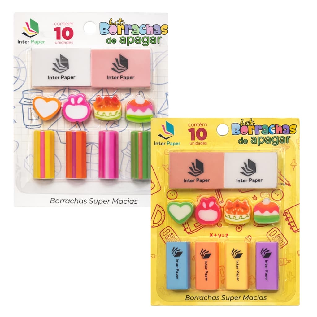 Kit 10 Borrachas escolar Divertidas Inter Paper Super Macias