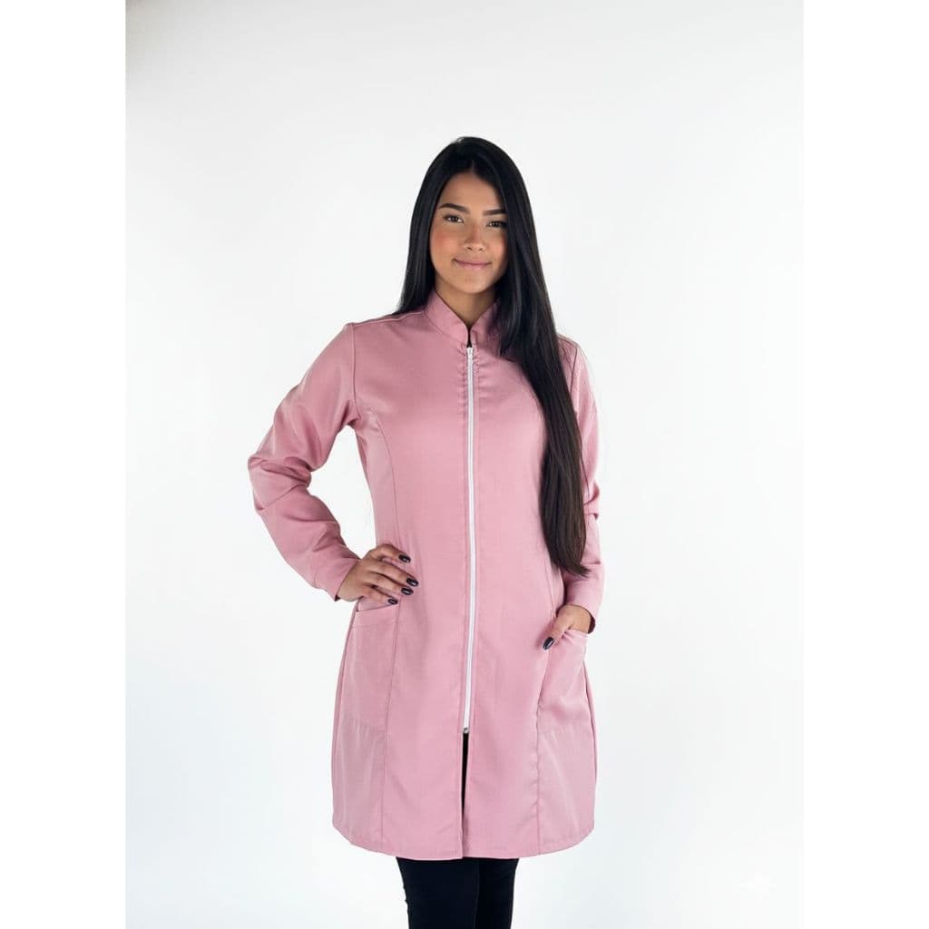 Jaleco feminino  rosa  em Oxford punho com abotoadura zíper gola padre