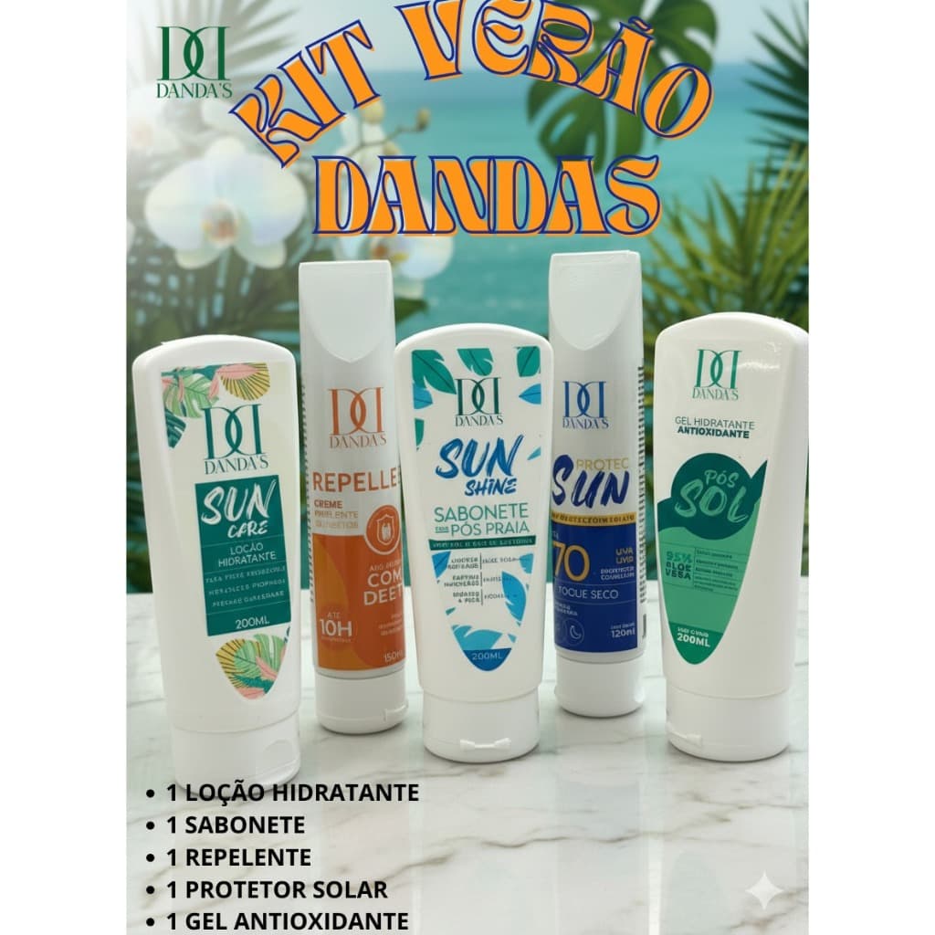 Kit Verão Danda’s FPS 70 | Protetor Solar + Hidratante + Sabonete + Gel + Repelente
