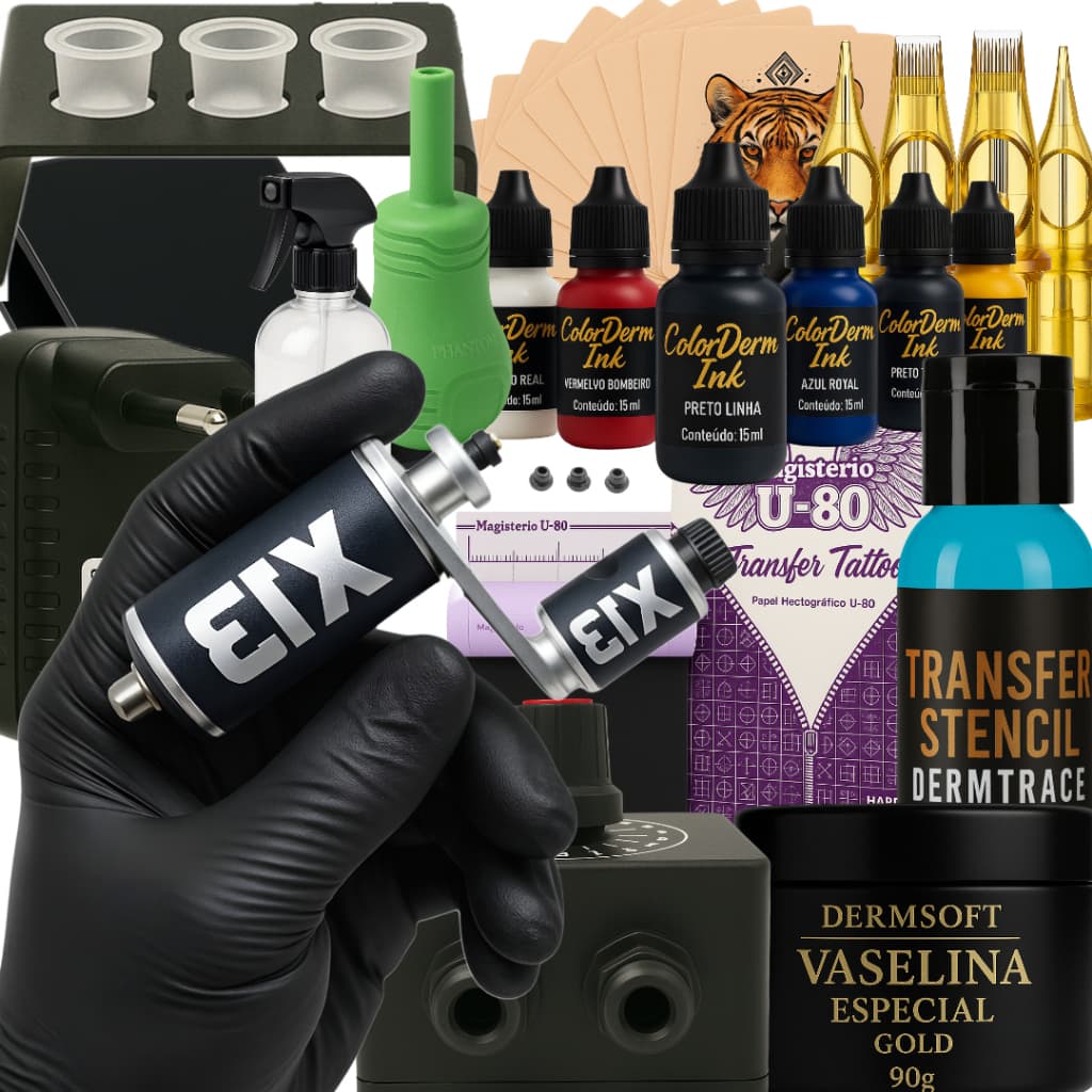 Kit De Tatuagem Completo X13 Pop Turbo Profissional Iniciante Máquina Fonte Cartuchos Tinta Pele Tattoo