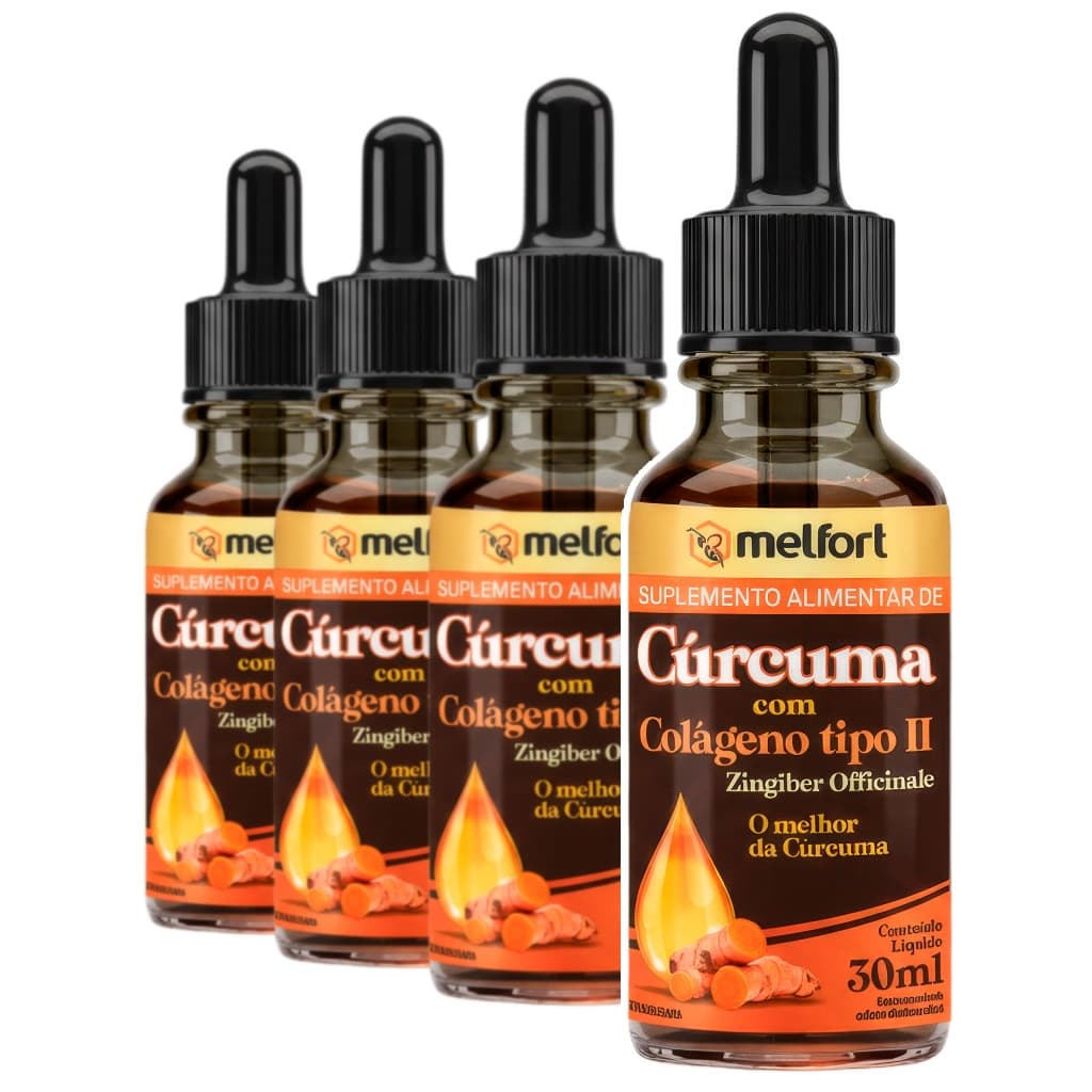 4x Curcuma c/ Colageno Tipo 2 Liquido 30ml Suplemento Alimentar para Complementação Nutricional