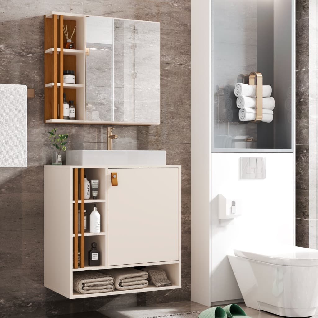 Conjunto Gabinete Banheiro Nix 60cm Completo com Armário Espelhado Cuba Nichos Laterais Ripado