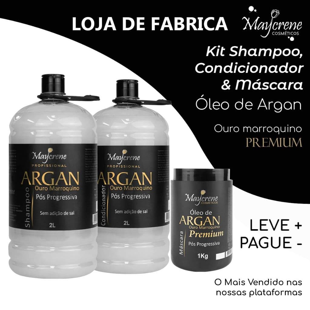 Kit Argan pós Progressiva - Ouro Marroquino 2L | Shampoo 2L + Condicionador 2L + Máscara 1Kg