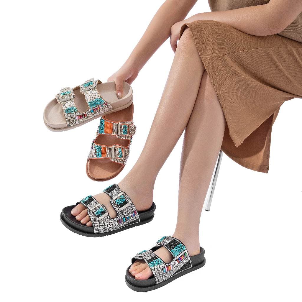 Sandálias femininas Birken com strass e fivelas ajustáveis ​​turquesa macias e confortáveis Design MEIJILE