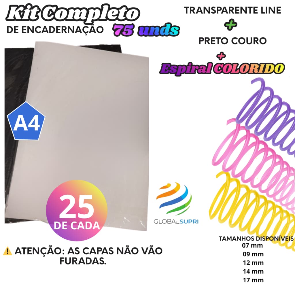 Kit p/ Encadernação 75 un | 25 Capas A4 TRANSPARENTE LINE + 25 A4 PRETO COURO + 25 Espirais - COLORIDO