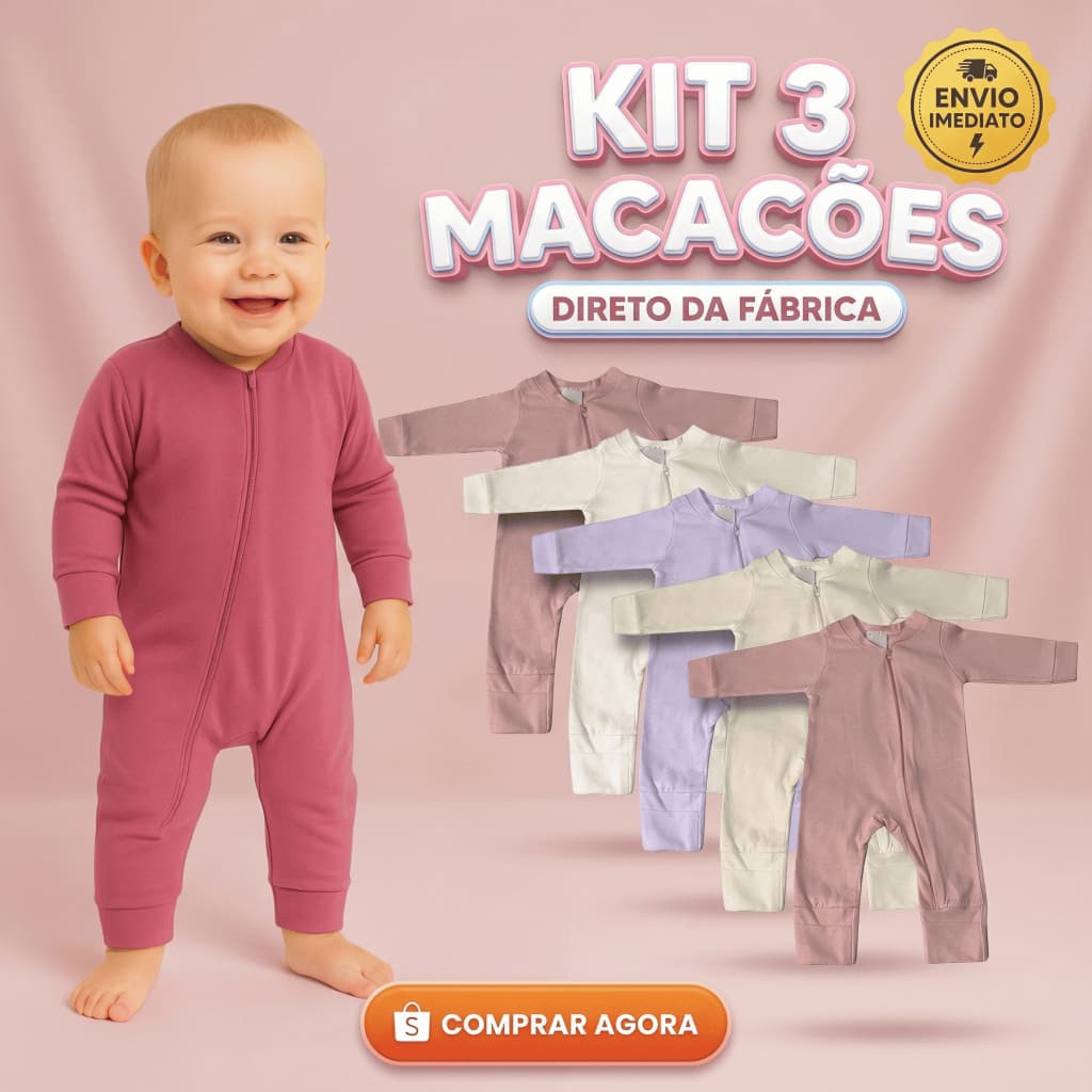 Macacão Bebê Menina Kit 3 Peças 100% Algodão Inverno Com Zíper Vira Pé