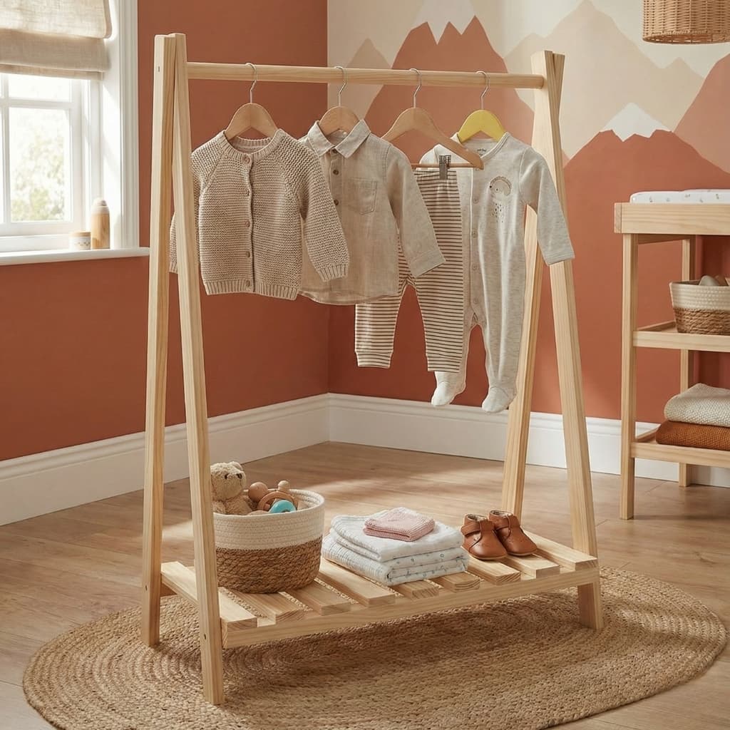 Cabideiro Estante Prateleira De Madeira Infantil Arara Pinus Guarda Roupa De Chão Bebê 95 x 58 cm