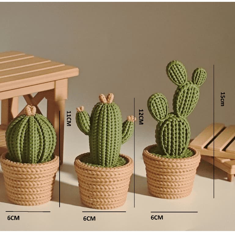 Kit 3 Cactos Decorativos Tricô 3D com Vaso | Decoração para Sala Minimalista Escritório