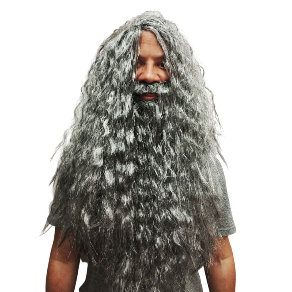 Peruca e Barba Mago Cinza Longa Kit Fantasia Cosplay Bruxo Medieval Fios Sintéticos Adulto
