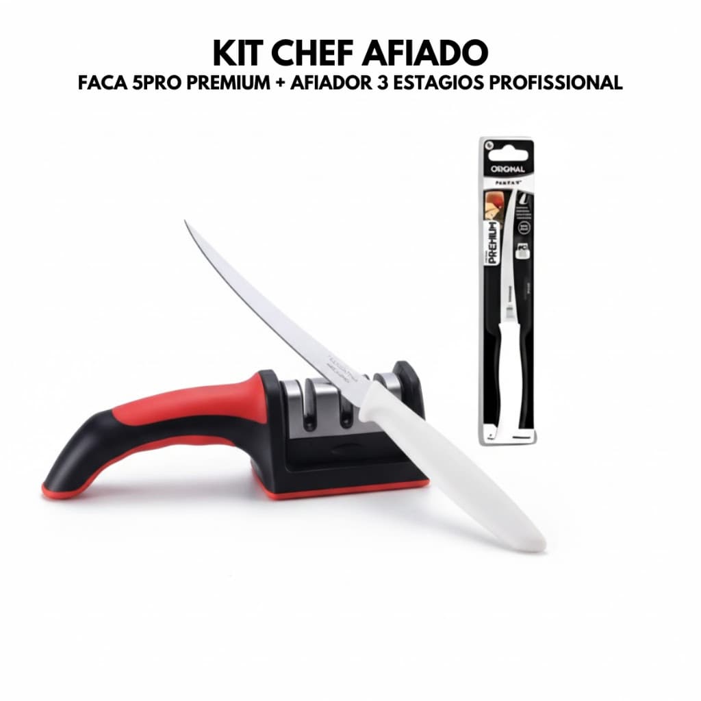 Kit Faca 5Pro Peixeira Premium + Afiador Profissional 3 Estágios – Corte Preciso e Afiação Rápida