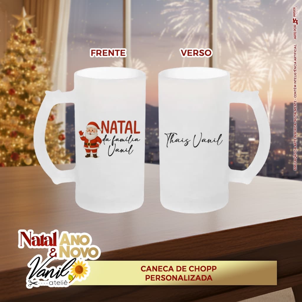Caneca de Chopp Jateada Personalizada Natal e Ano novo 500 ml/Presente Natal/ Personalize com sua frase