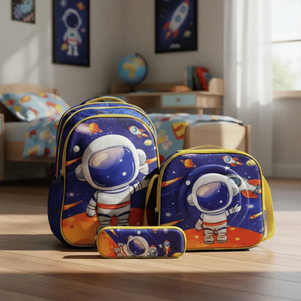Kit Mochila Escolar 3D Infantil Bolsa Lancheira Estojo Resistente Reforçada Estampas Menino Menina