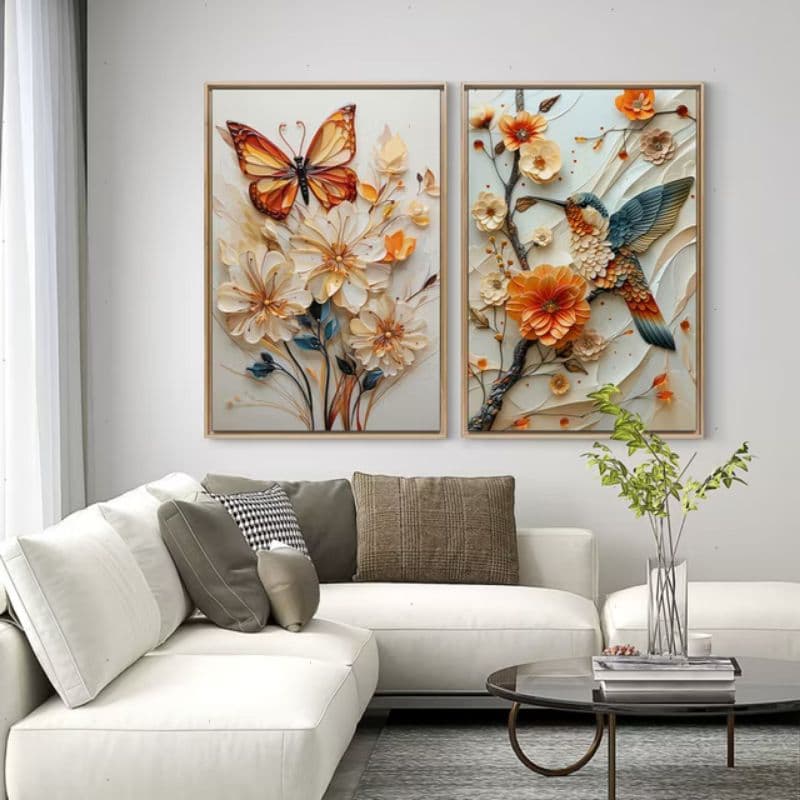 Kit 2 Quadros 3D lindo Beija-Flor e Borboleta Floral | H.E.P Decore 60 x 40 ..