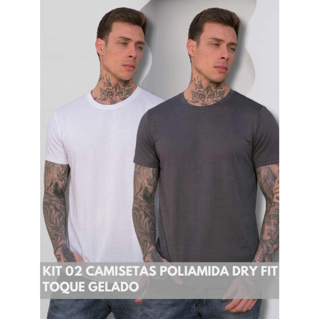KIT 02 Camiseta Masculina Dry Fit Tecido Gelado Furadinho Poliamida Premium Fitness Academia Casual